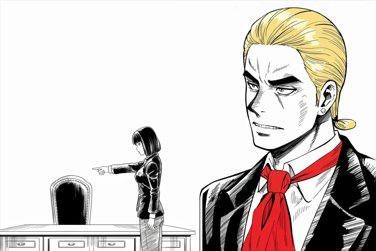 Manga panel 2 of 4, Week 227 “The Inquiry”: A meeting ends in a photograph of a woman pointing at him, and he posts it himself with a grin.