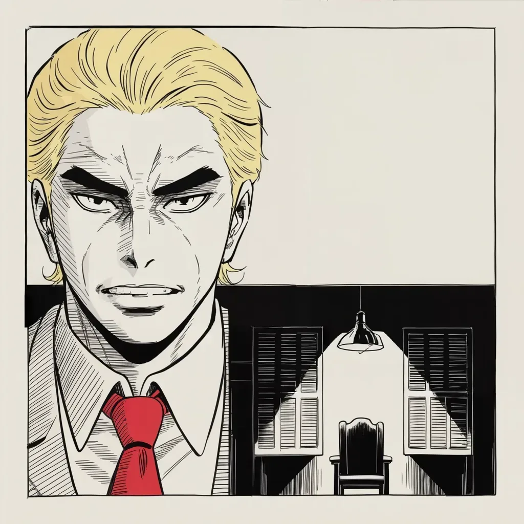 Manga panel 4 of 5, Week 228 “The Inquiry”: And he keeps asking the question the chamber will not answer: where is the one who started this?