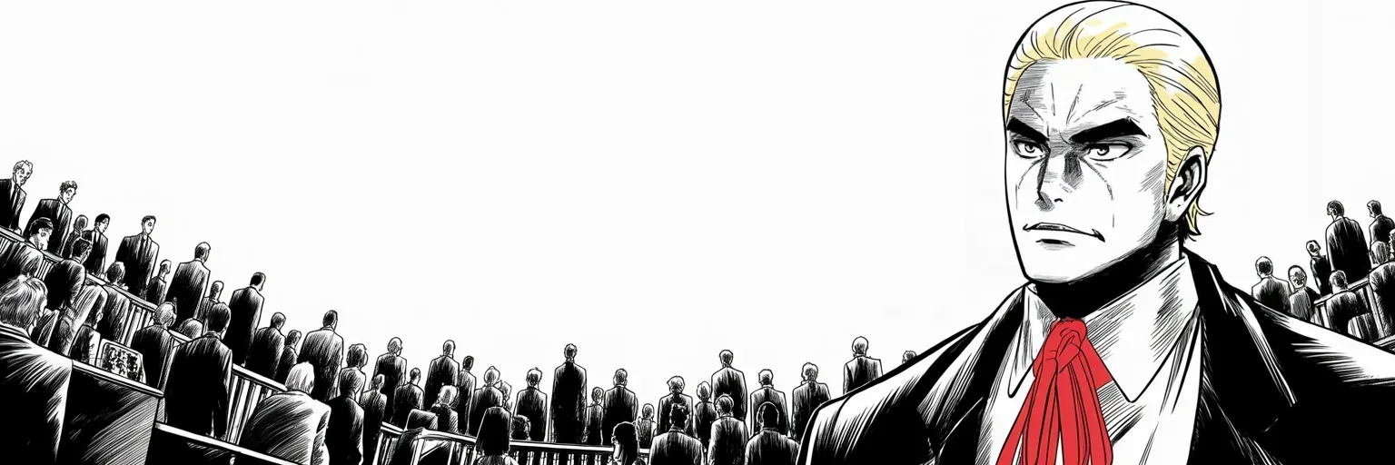 Manga panel 5 of 5, Week 228 “The Inquiry”: He says his lawyers should sue his accusers for fraud, and means it.