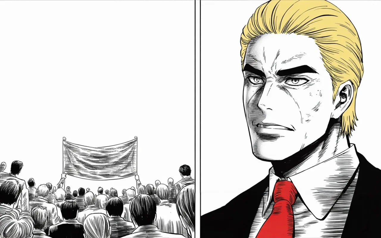 Manga panel 3 of 4, Week 229 “The Inquiry”: Ninety-five percent of his own party stands with him, and he says so twice in a week.