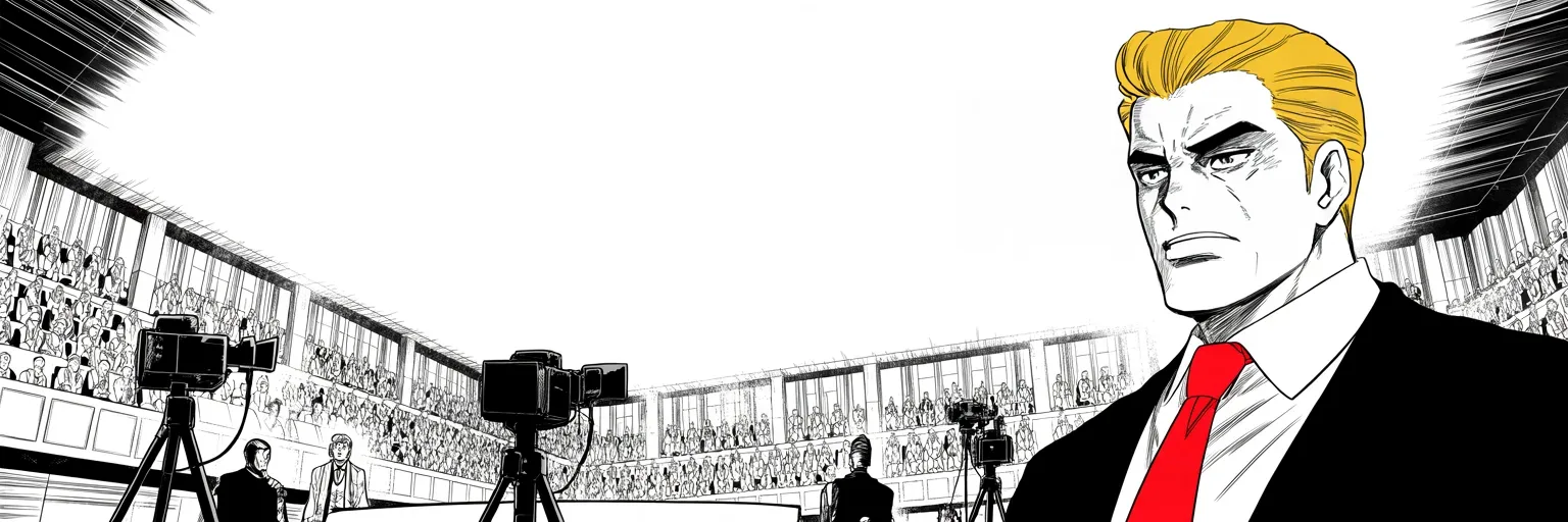 Manga panel 4 of 4, Week 230 “The Inquiry”: The chamber's cameras are set up while he calls the whole thing harassment.