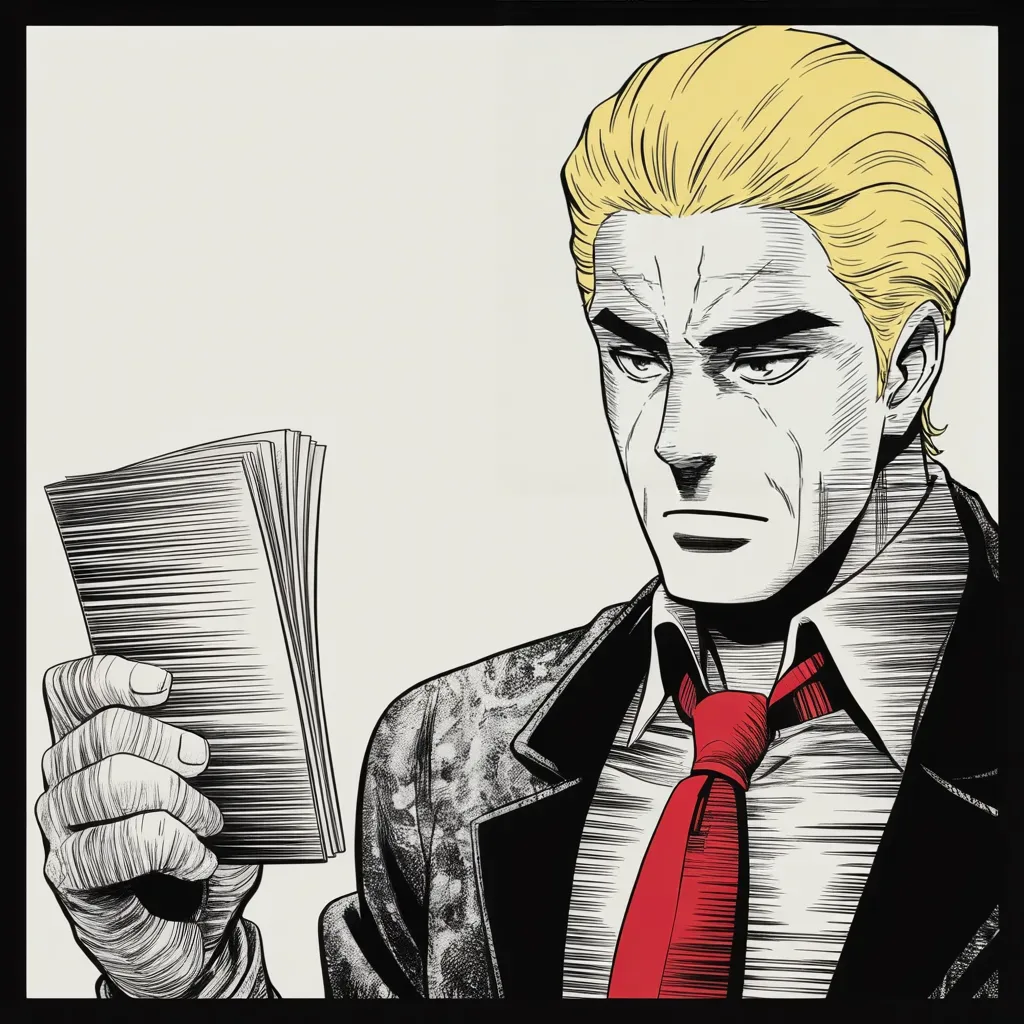 Manga panel 2 of 5, Week 231 “The Inquiry”: His answer to every hour of testimony is three words about a single page.