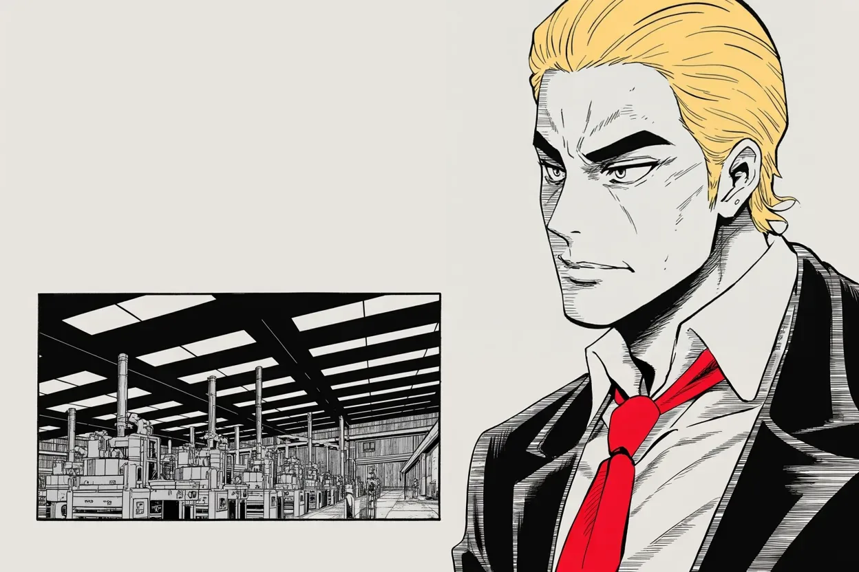 Manga panel 3 of 4, Week 232 “The Inquiry”: He opens a factory the same week and sets the two images against each other.