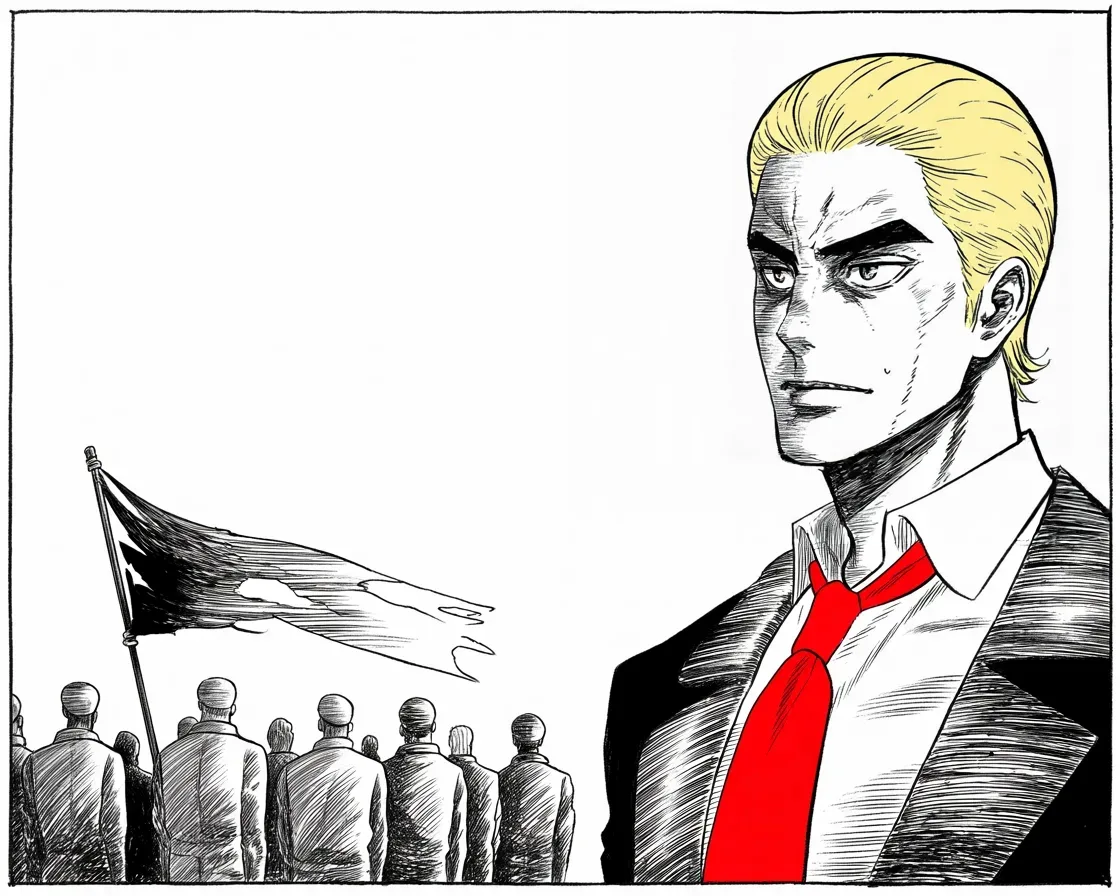 Manga panel 2 of 4, Week 233 “The Inquiry”: He tells the fighters he will always shield them, whatever the rules say.