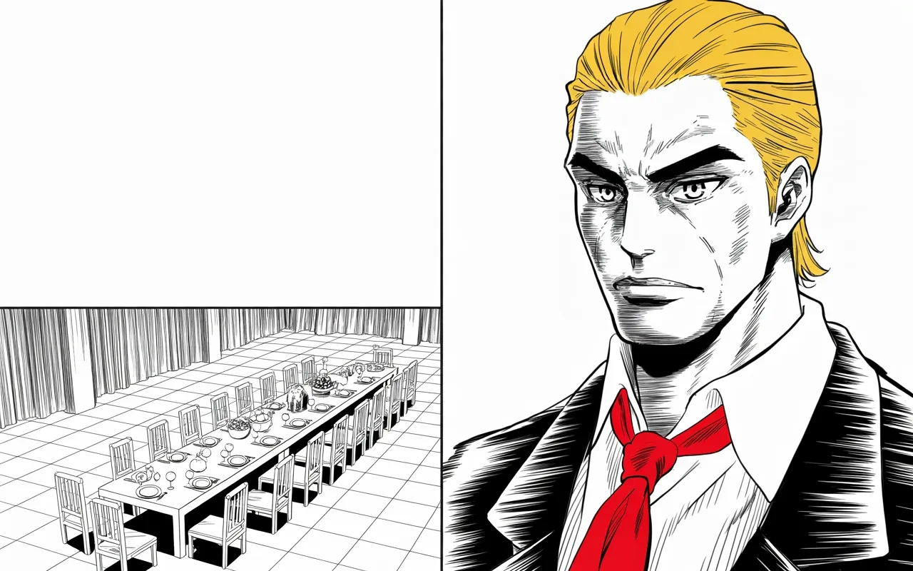 Manga panel 3 of 4, Week 233 “The Inquiry”: The realm eats its harvest feast, and he wishes it a happy one in capitals.