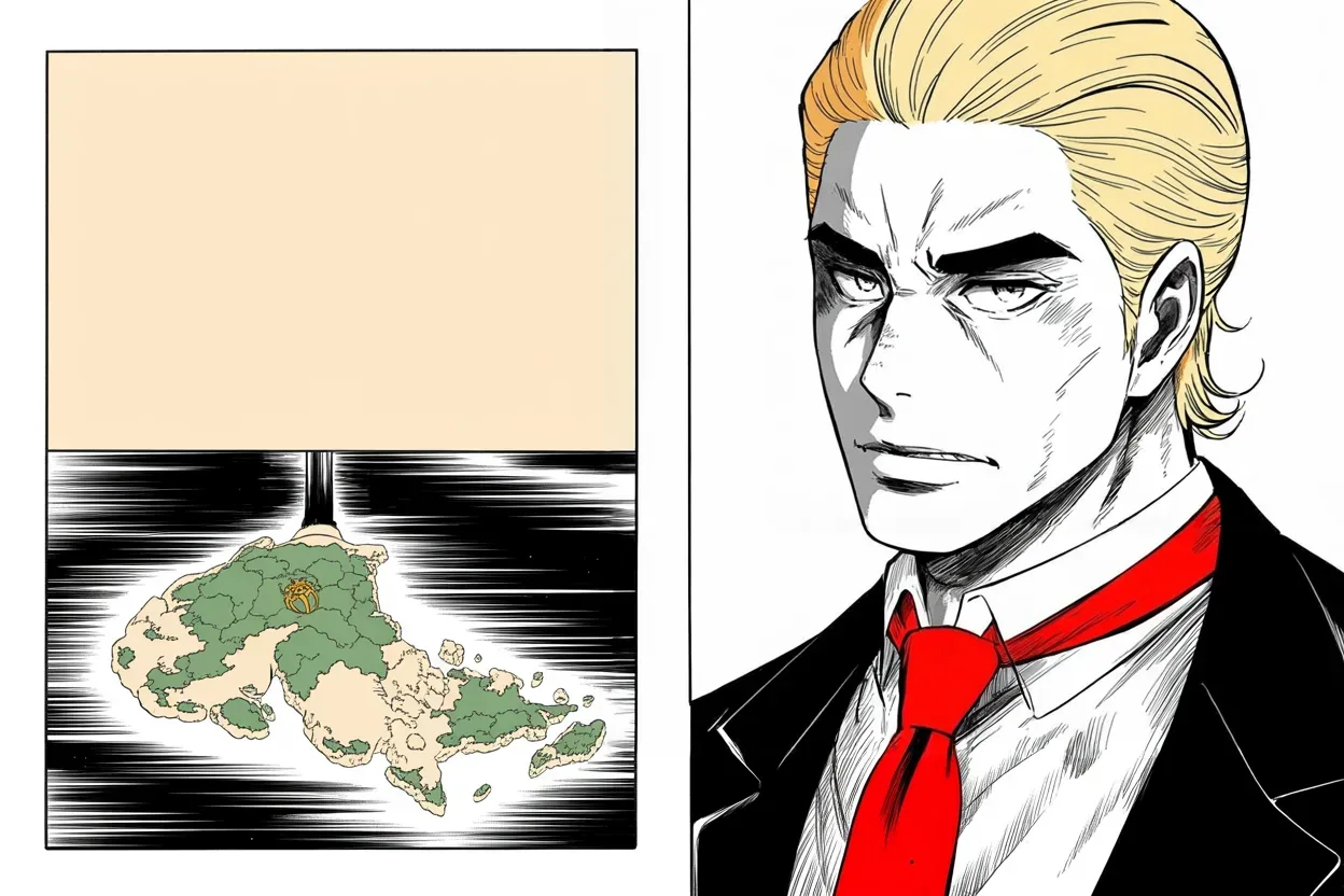 Manga panel 2 of 4, Week 235 “The Inquiry”: Across the water an ally wins in a landslide, and he reads it as a forecast of his own.