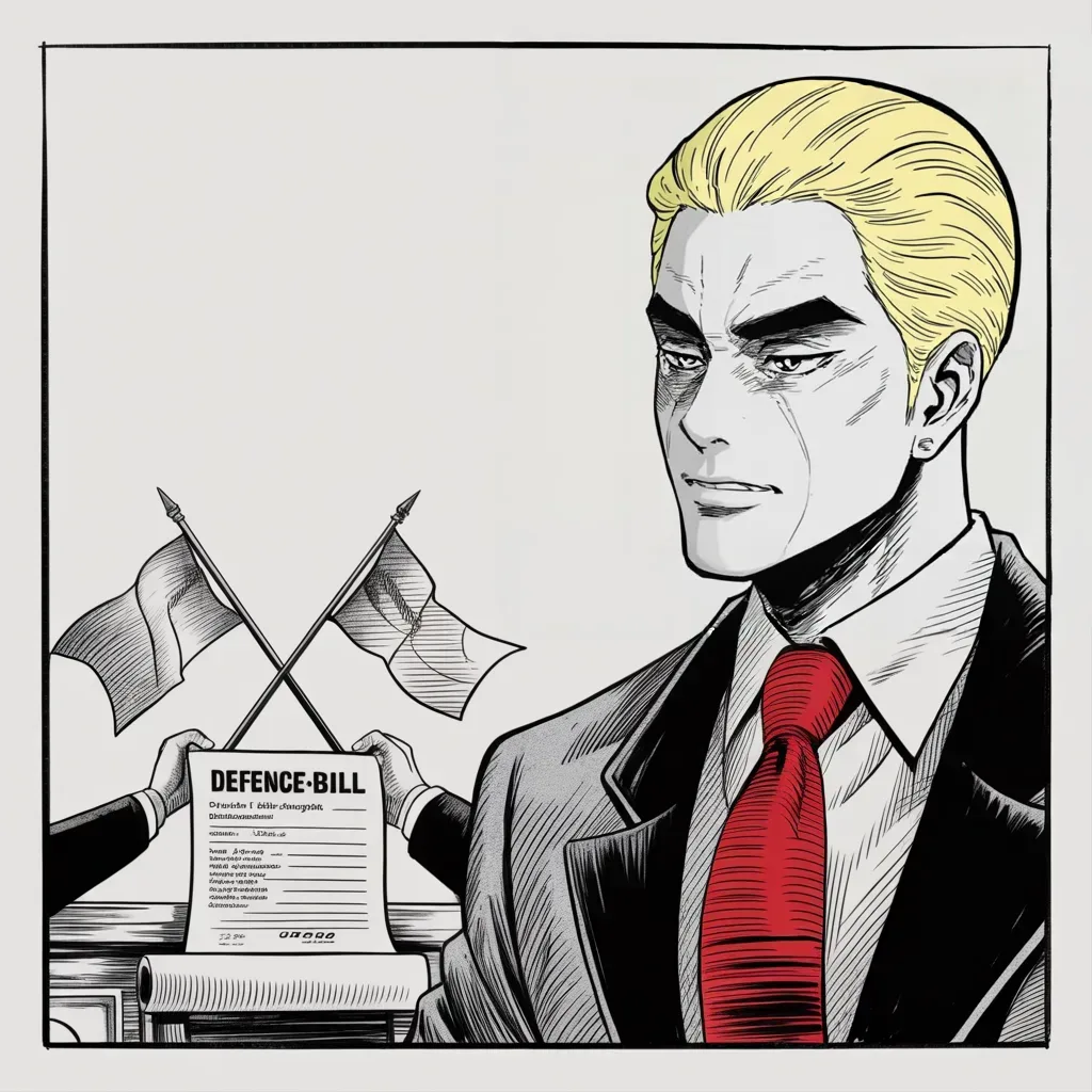 Manga panel 4 of 5, Week 236 “The Inquiry”: On the same days he signs the largest defence bill ever written and founds a force in space.