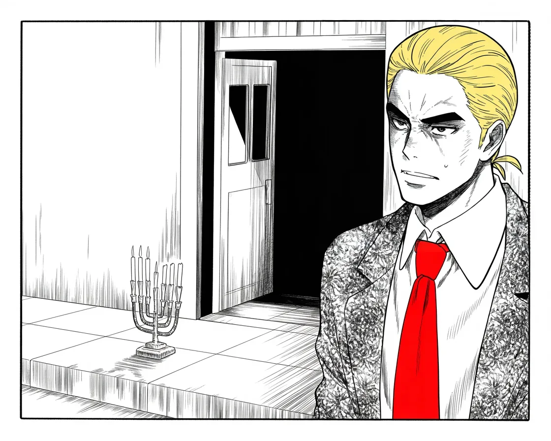 Manga panel 2 of 4, Week 237 “The Trial”: A man with a blade walks into a Hanukkah gathering, and the realm's oldest hatred is in the news again.