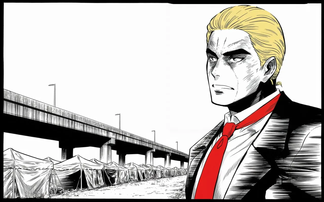 Manga panel 3 of 4, Week 237 “The Trial”: He turns on two great states over the camps on their pavements.
