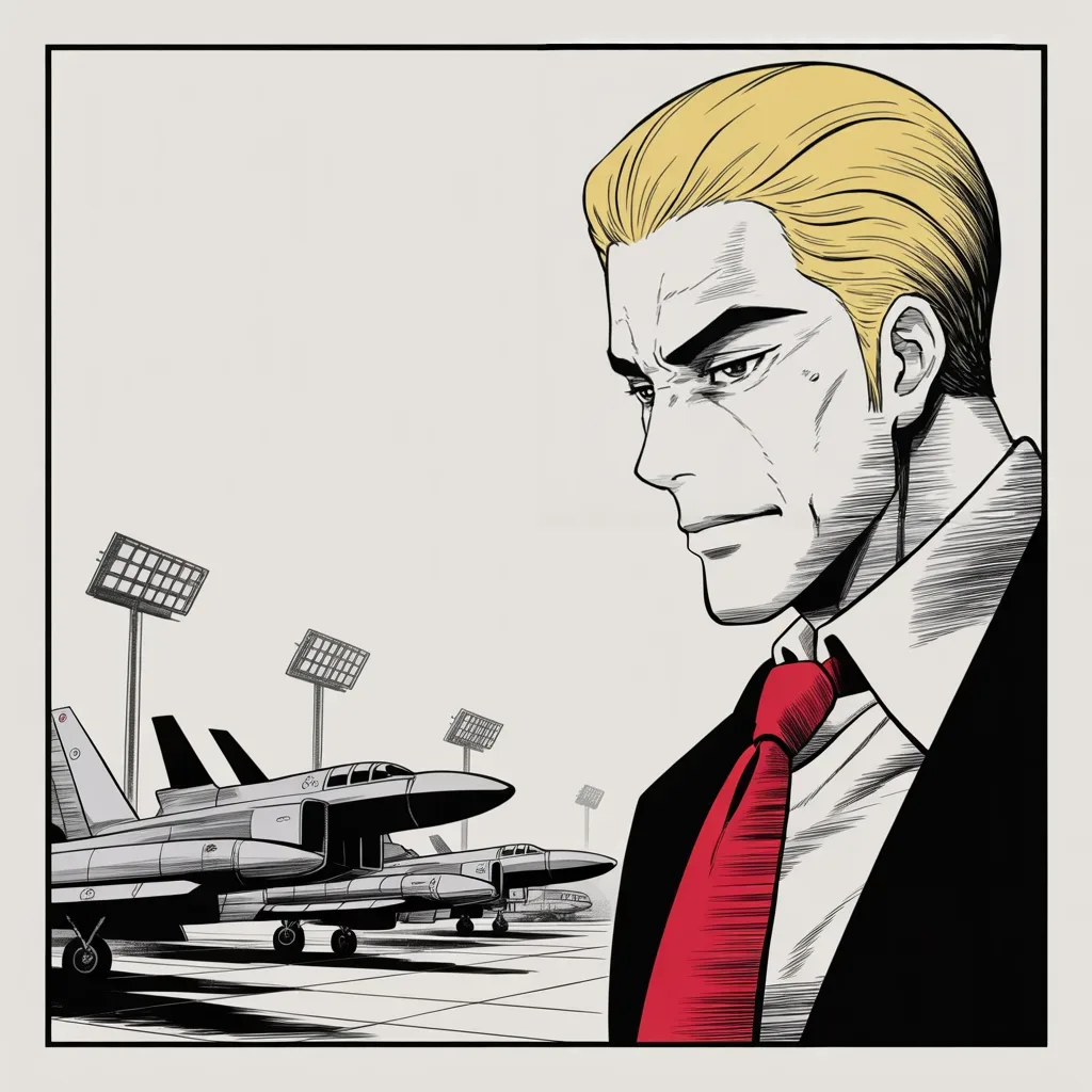 Manga panel 3 of 5, Week 238 “The Trial”: He reminds the world what two trillion has bought, and dares anyone to test it.