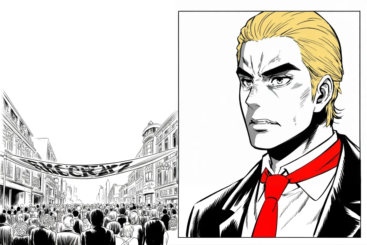 Manga panel 2 of 4, Week 239 “The Trial”: In the other kingdom the streets fill against their own rulers, and he tells them he is watching.