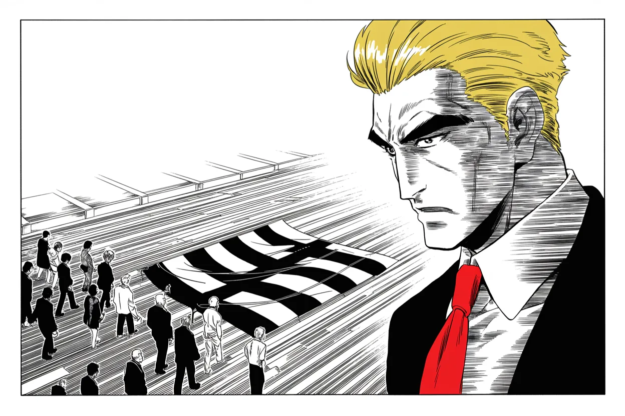Manga panel 3 of 4, Week 239 “The Trial”: He sees the protesters refuse to tread on his realm's flag, and calls it a beautiful sight.