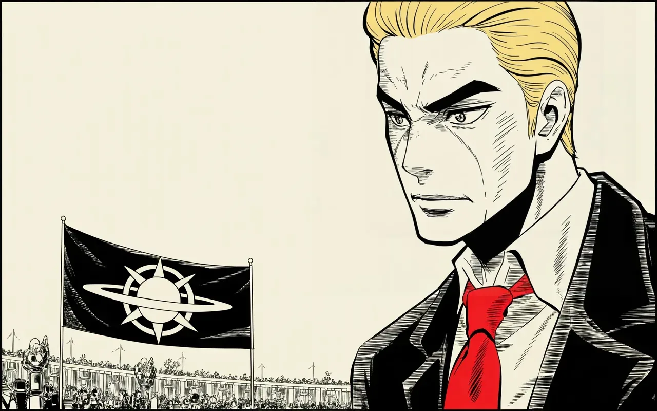 Manga panel 3 of 4, Week 241 “The Trial”: In the same week he unveils the badge of the realm's newest force, the one that fights in orbit.