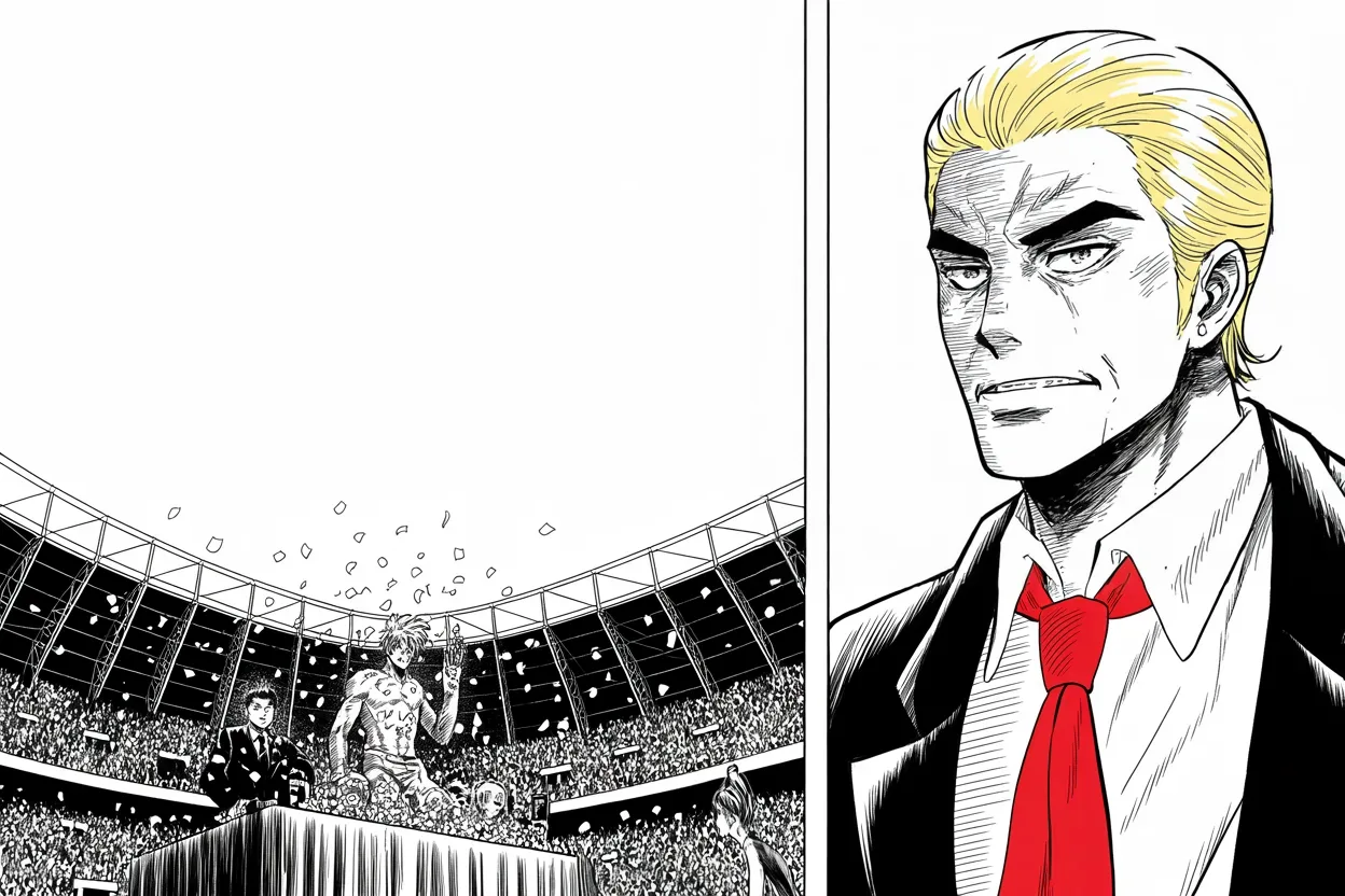 Manga panel 2 of 4, Week 242 “The Trial”: The realm watches its great game, and he tells it to enjoy itself.