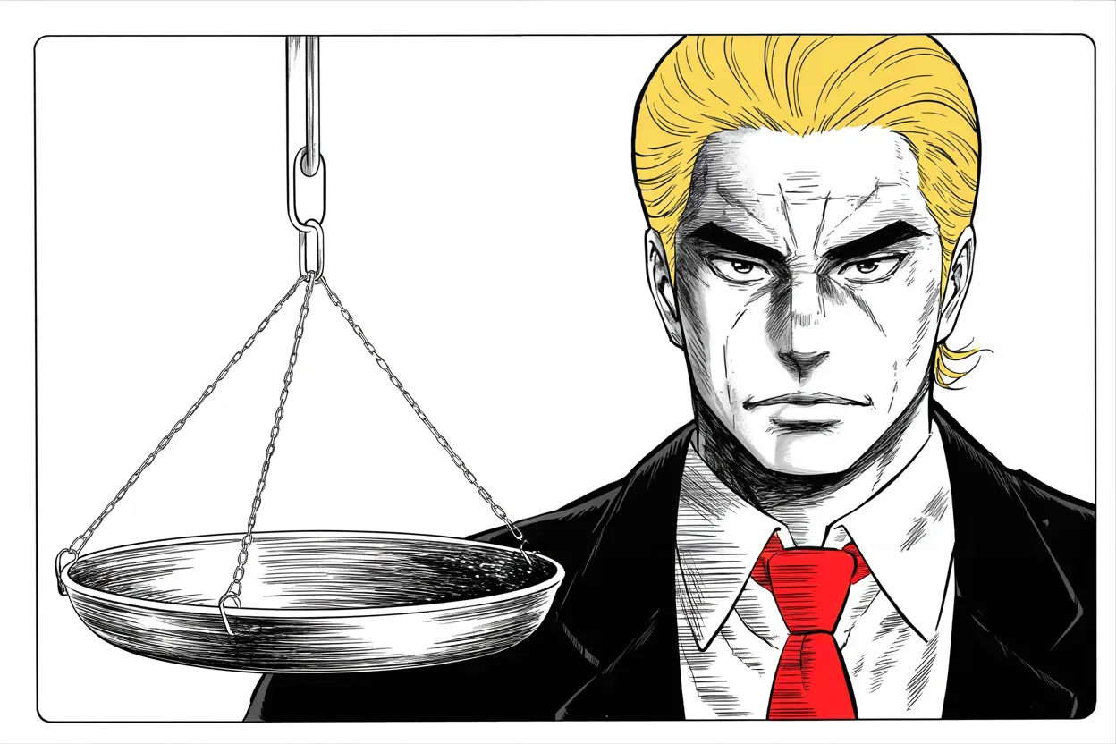 Manga panel 3 of 4, Week 242 “The Trial”: His question for the year is the oldest one in politics: are you better off than you were?