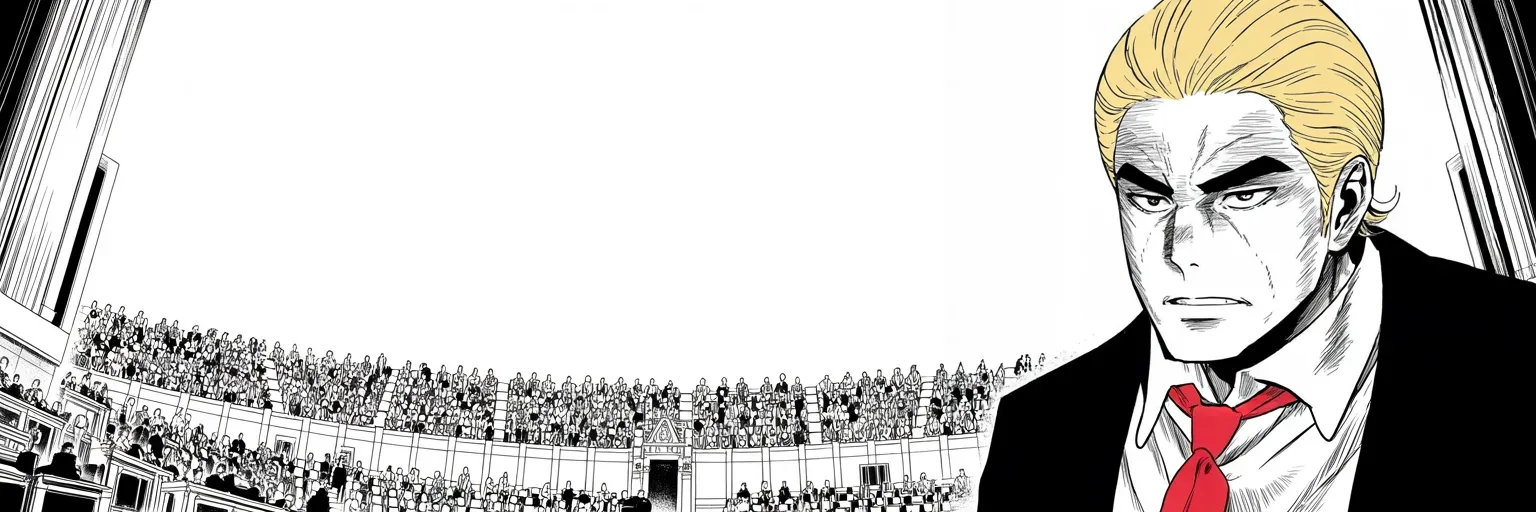 Manga panel 4 of 4, Week 242 “The Trial”: No witnesses are called. He says nothing he gives them will ever be enough.