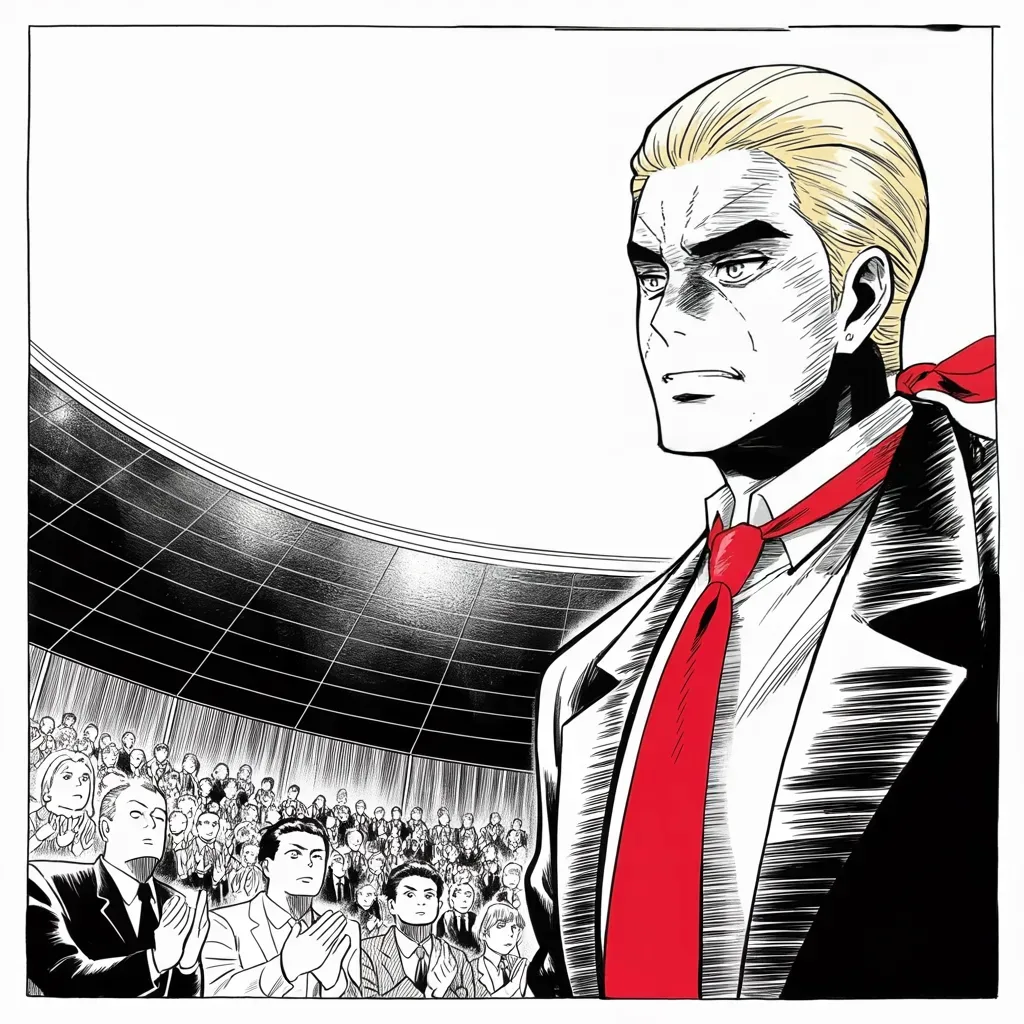 Manga panel 3 of 5, Week 243 “The Trial”: He collects the reviews of the speech like trophies.