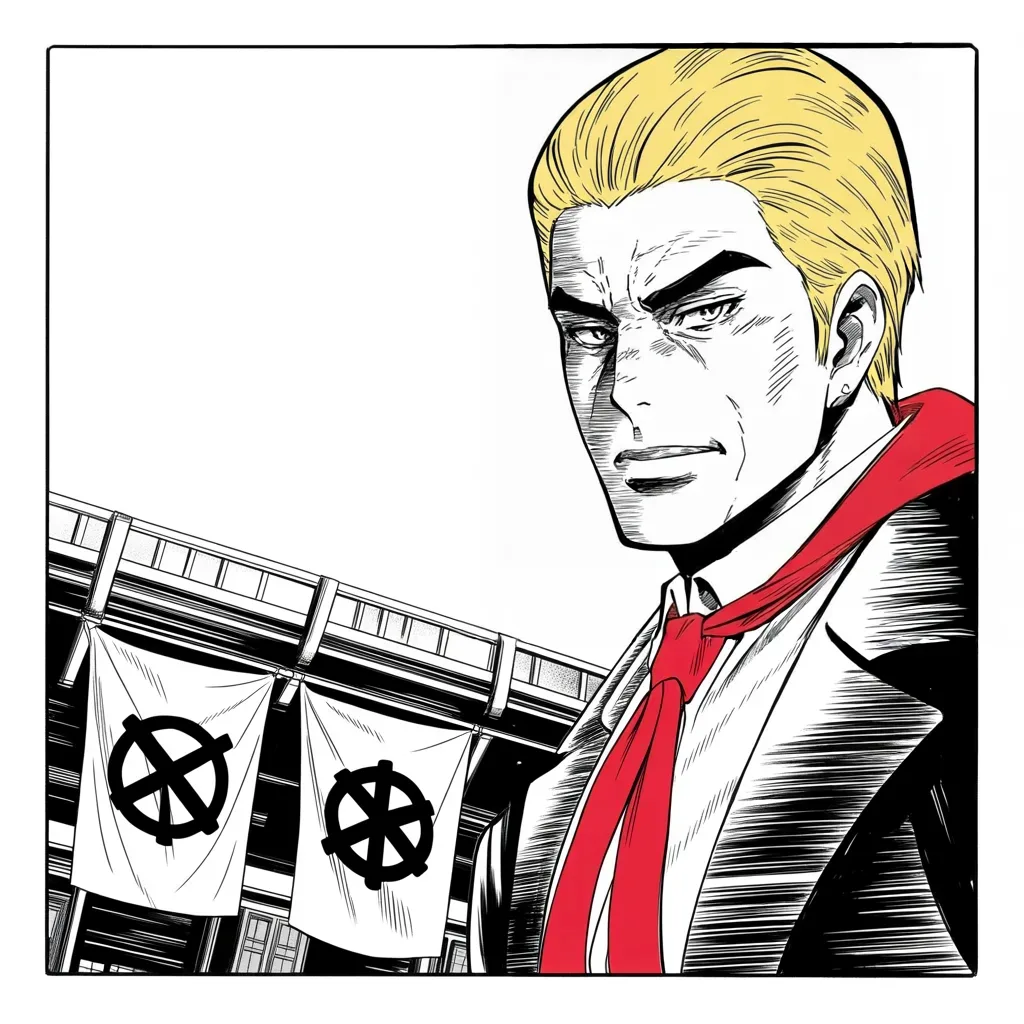 Manga panel 4 of 5, Week 243 “The Trial”: And the slogan doubles again: made great, and now to be kept.
