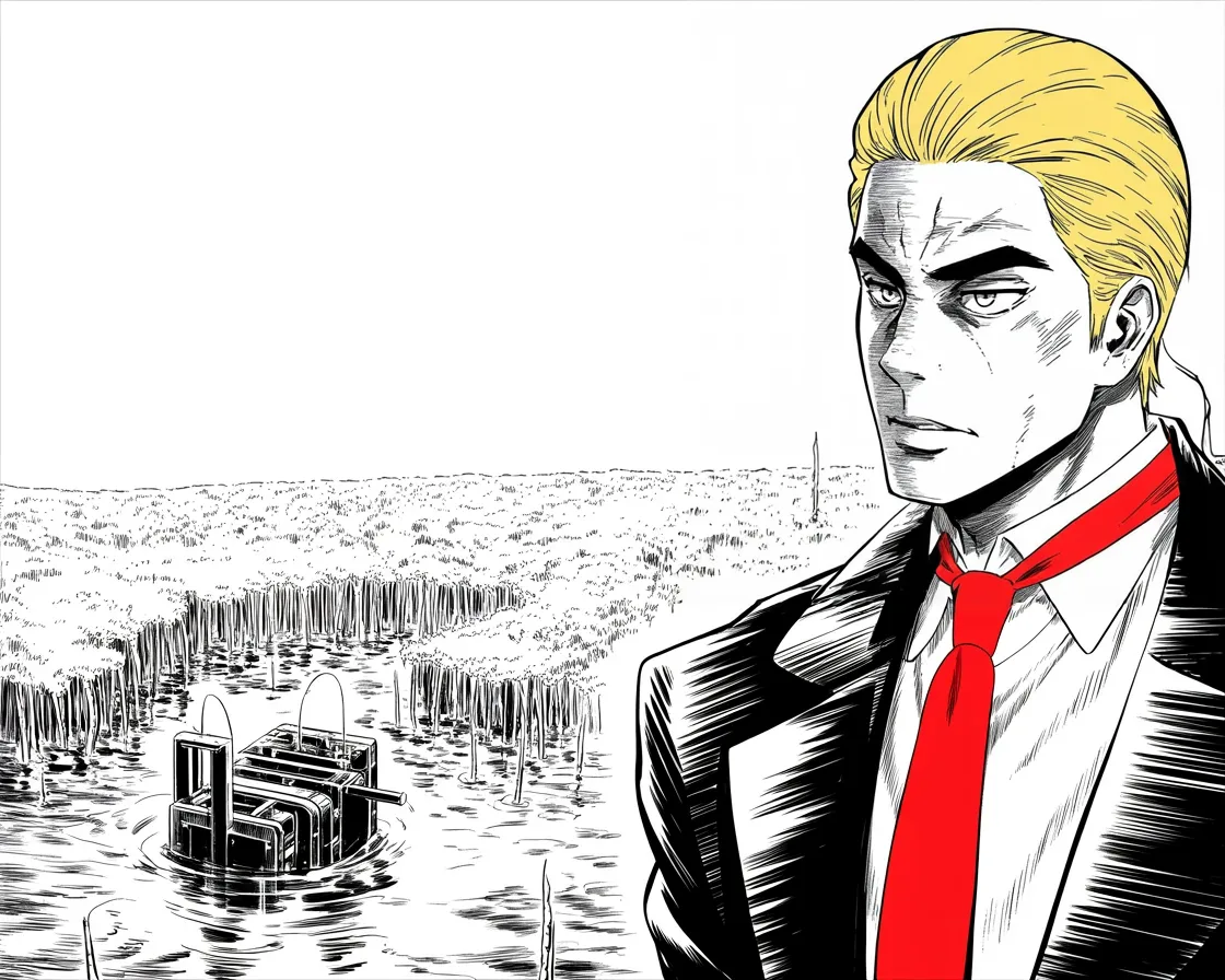 Manga panel 2 of 4, Week 244 “The Trial”: With the trial behind him he turns on the government itself: the swamp, again, and this time from inside.