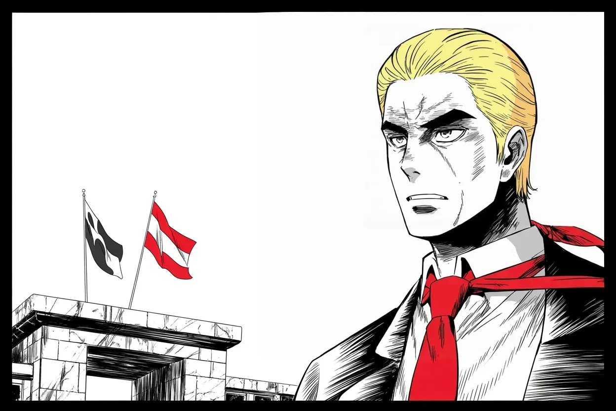 Manga panel 2 of 4, Week 245 “The Trial”: He tells the crowd he crossed eight thousand miles to bring them goodwill.