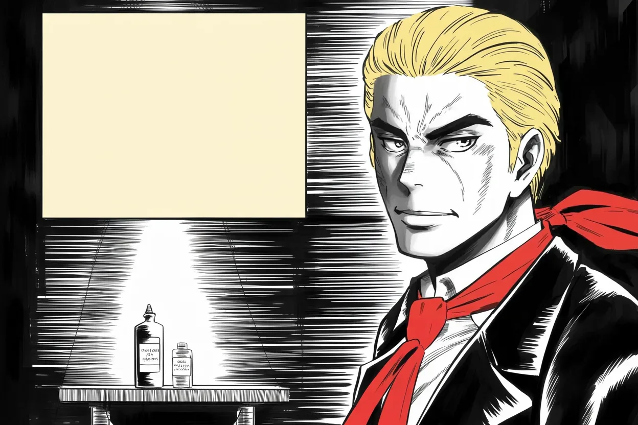 Manga panel 2 of 4, Week 249 “The Plague”: From the briefing lectern he holds up two old drugs and calls them a game changer.