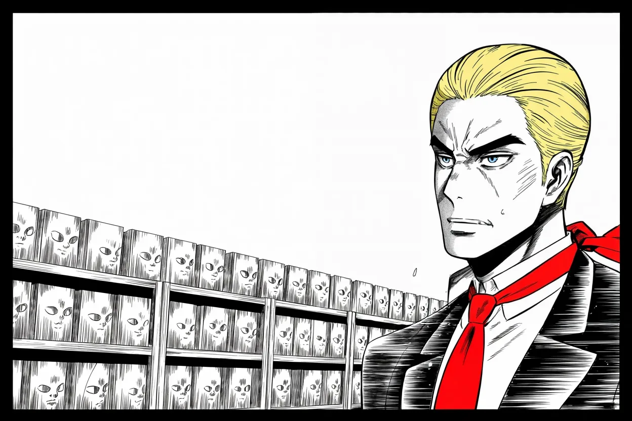 Manga panel 2 of 4, Week 251 “The Plague”: He turns a manufacturer into an enemy over a shipment of masks.