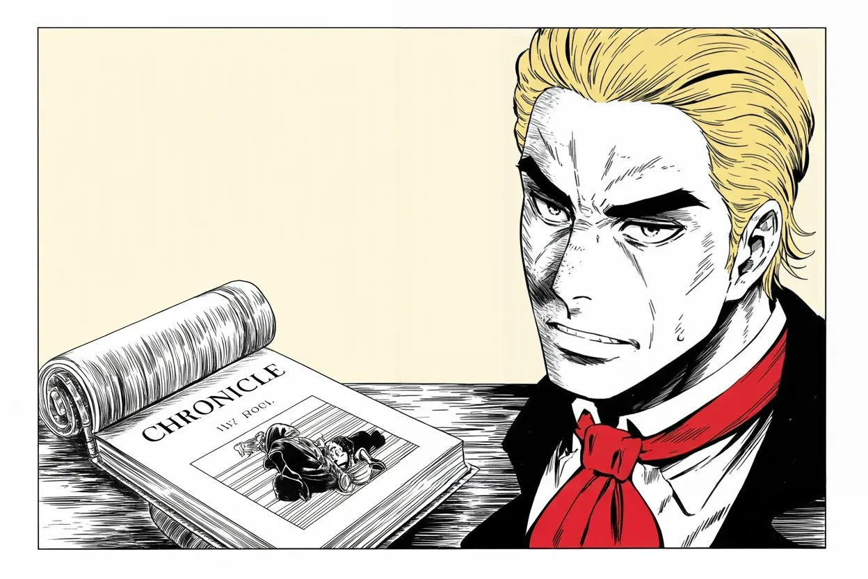 Manga panel 2 of 4, Week 255 “The Plague”: And then, for one line, he writes like the chronicler of his own saga: and then came a Plague.