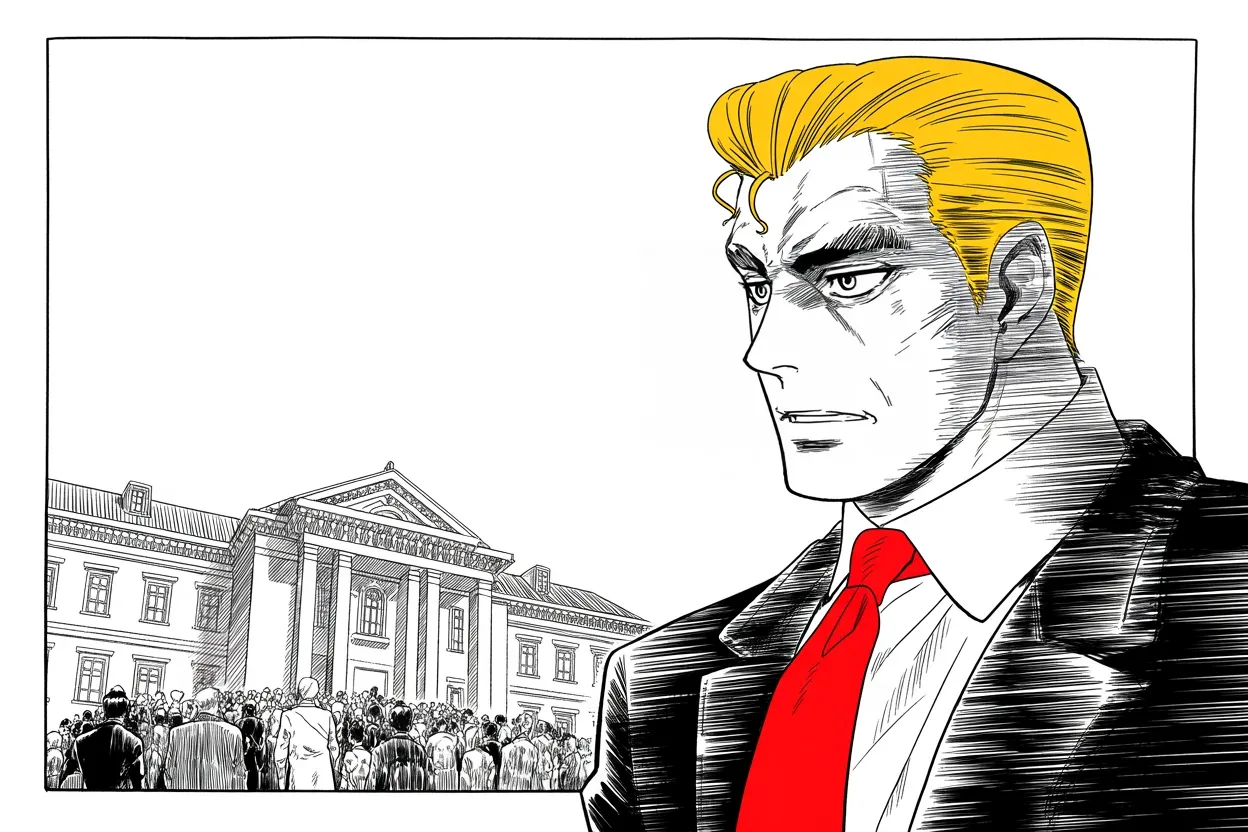 Manga panel 3 of 4, Week 255 “The Plague”: He tells a governor to give a little, and calls the crowd at her doors very good people.