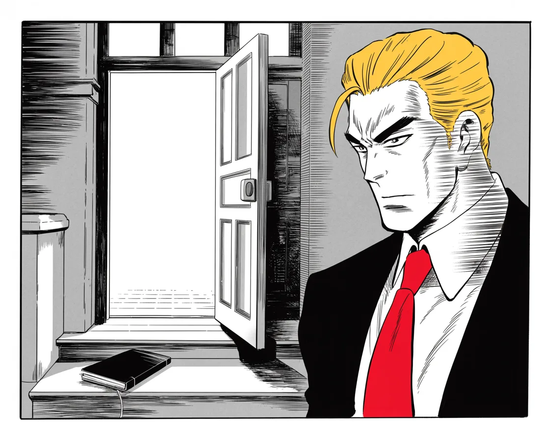 Manga panel 2 of 4, Week 256 “The Plague”: The case against his first general is dropped, and he calls it a big day for justice.