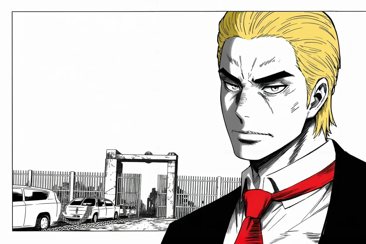 Manga panel 3 of 4, Week 257 “The Plague”: He tells a state to let its factory open, now, and it does.
