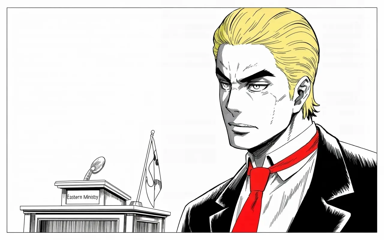 Manga panel 3 of 4, Week 258 “The Streets”: He answers a foreign statement about the plague with a single line of blame.
