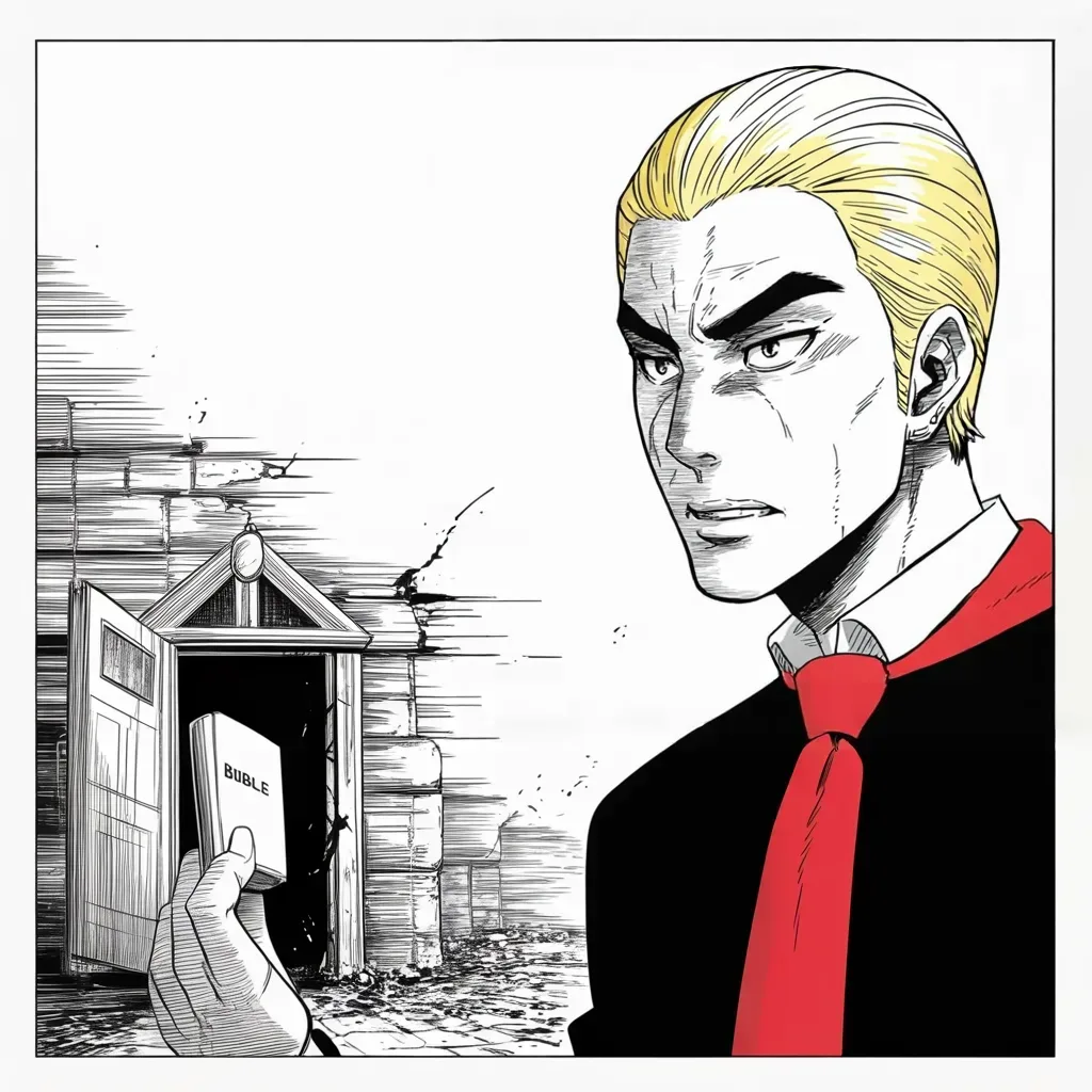 Manga panel 4 of 5, Week 259 “The Streets”: He crosses a cleared square on foot and holds a book up in front of a burned church.