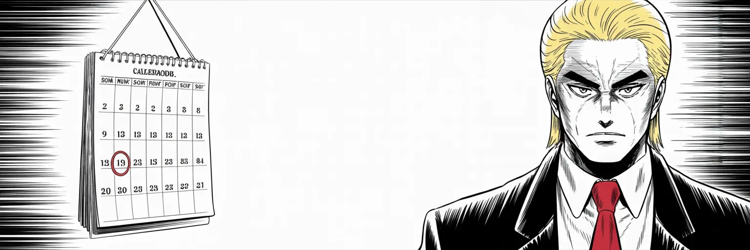 Manga panel 5 of 5, Week 259 “The Streets”: And he sets the whole thing against a single date.