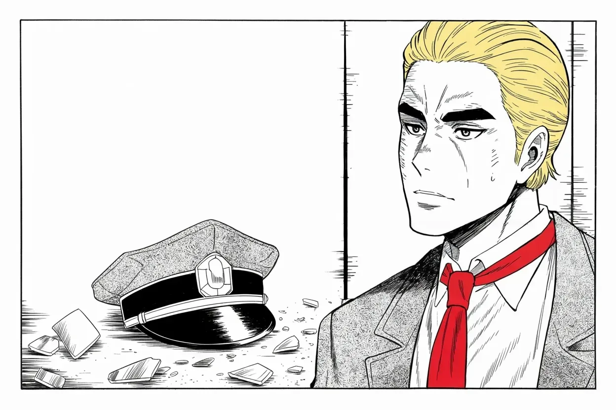Manga panel 2 of 4, Week 260 “The Streets”: An old policeman is killed guarding a shop, and he makes the name a banner.
