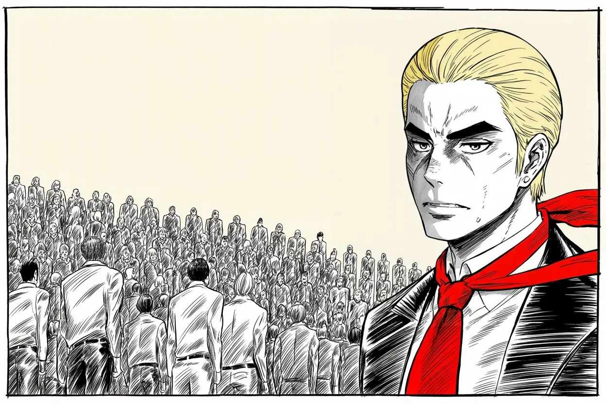 Manga panel 3 of 4, Week 260 “The Streets”: He calls up the oldest constituency in his politics: the ones who do not shout.