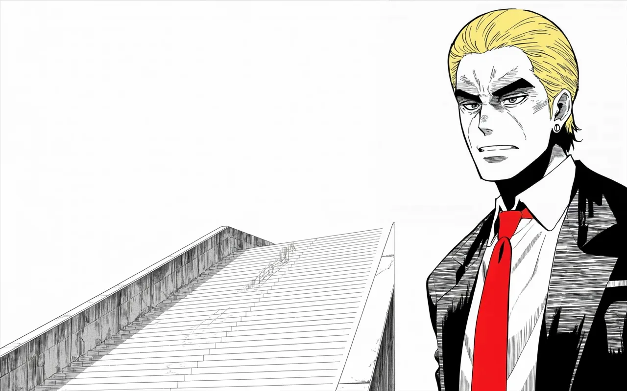 Manga panel 3 of 4, Week 261 “The Streets”: A slow walk down a ramp becomes a national argument, and he explains it at length.