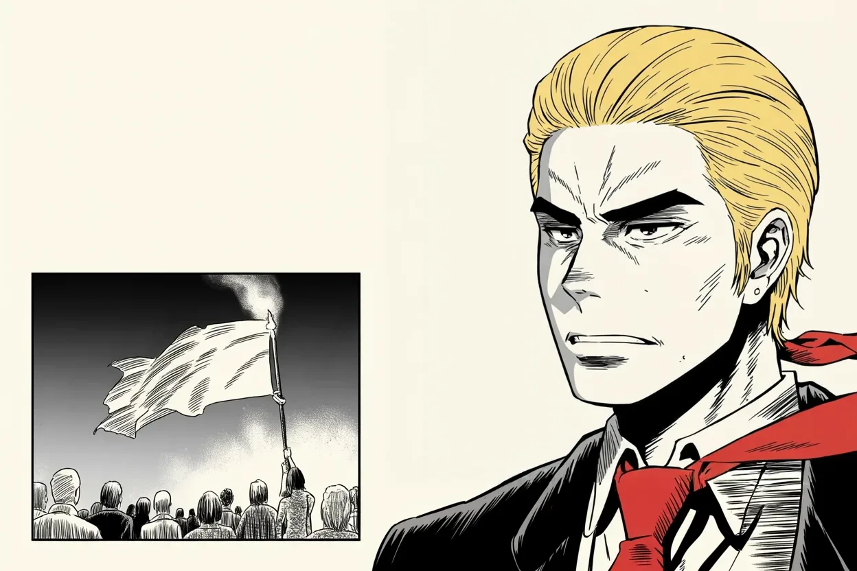 Manga panel 3 of 4, Week 263 “The Streets”: He wants a law against burning the flag, and says so as a matter of shame.