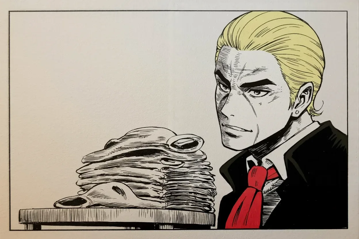 Manga panel 2 of 4, Week 266 “The Streets”: For one week he calls the mask patriotic, and wears one for the cameras.