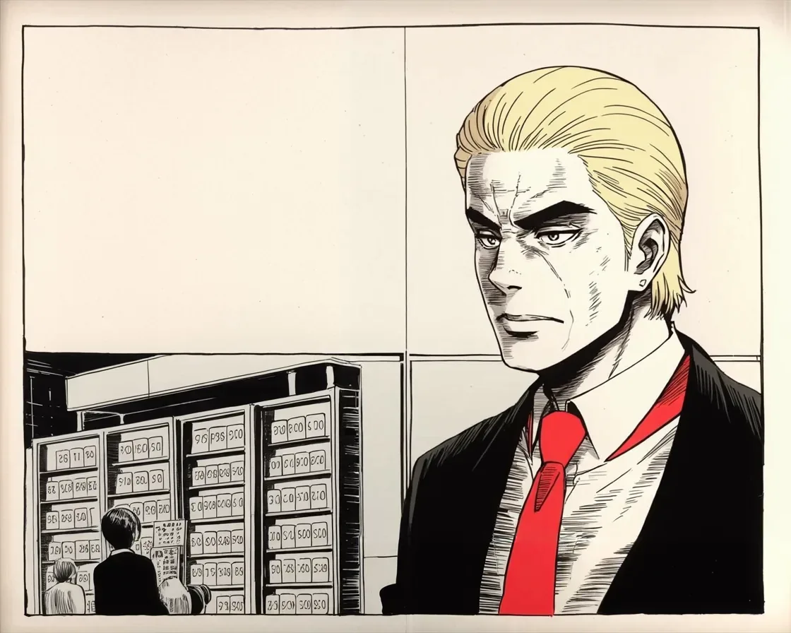 Manga panel 2 of 4, Week 267 “The Streets”: He signs four measures on drug prices and says they will cut them massively.