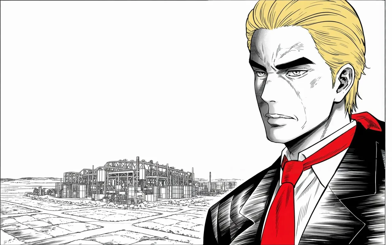 Manga panel 3 of 4, Week 267 “The Streets”: A new plant is announced for a friendly state, and he takes the credit.