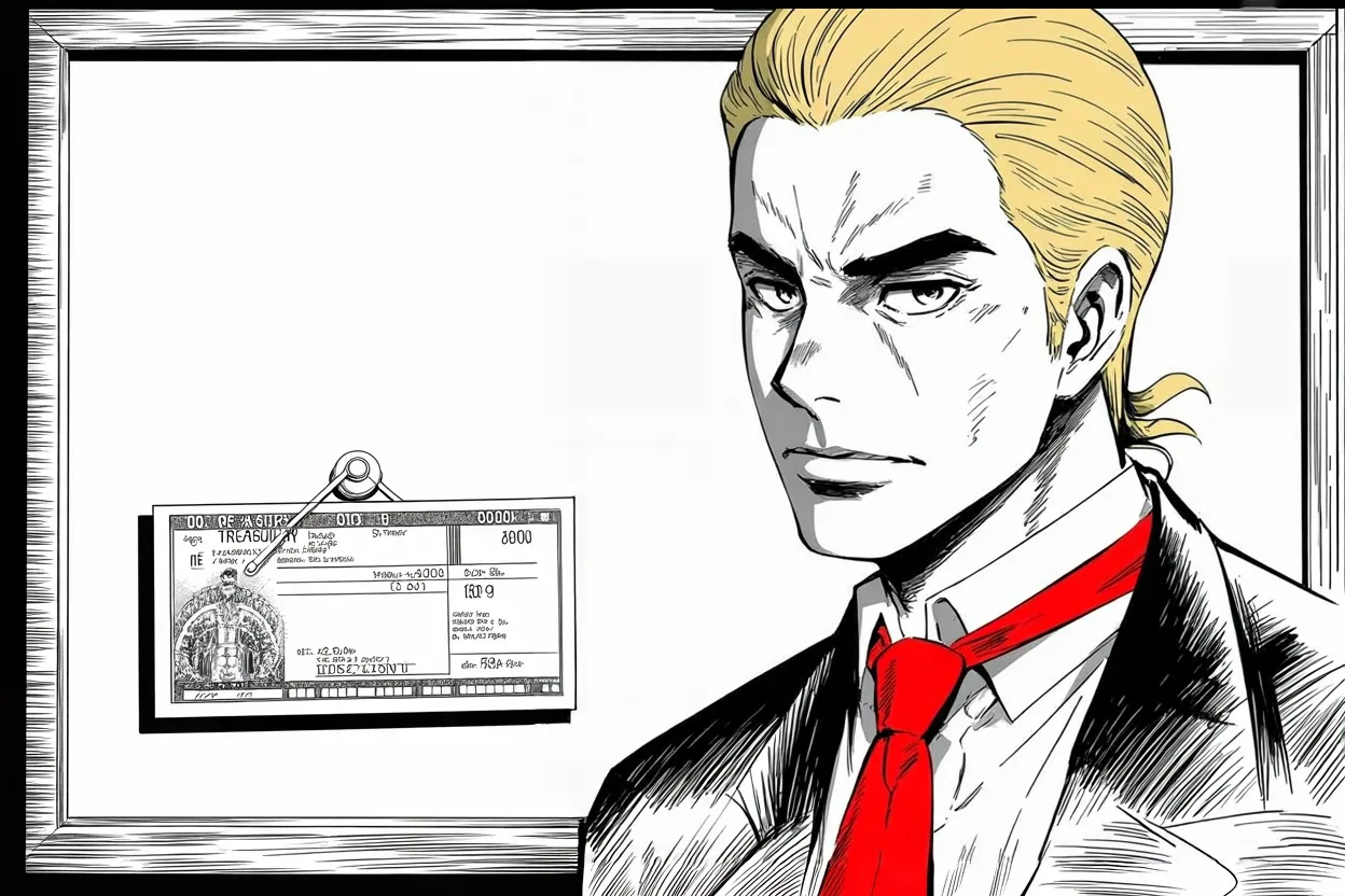 Manga panel 3 of 4, Week 270 “The Fever”: He reminds the realm he takes no salary, and gives the whole of it away.