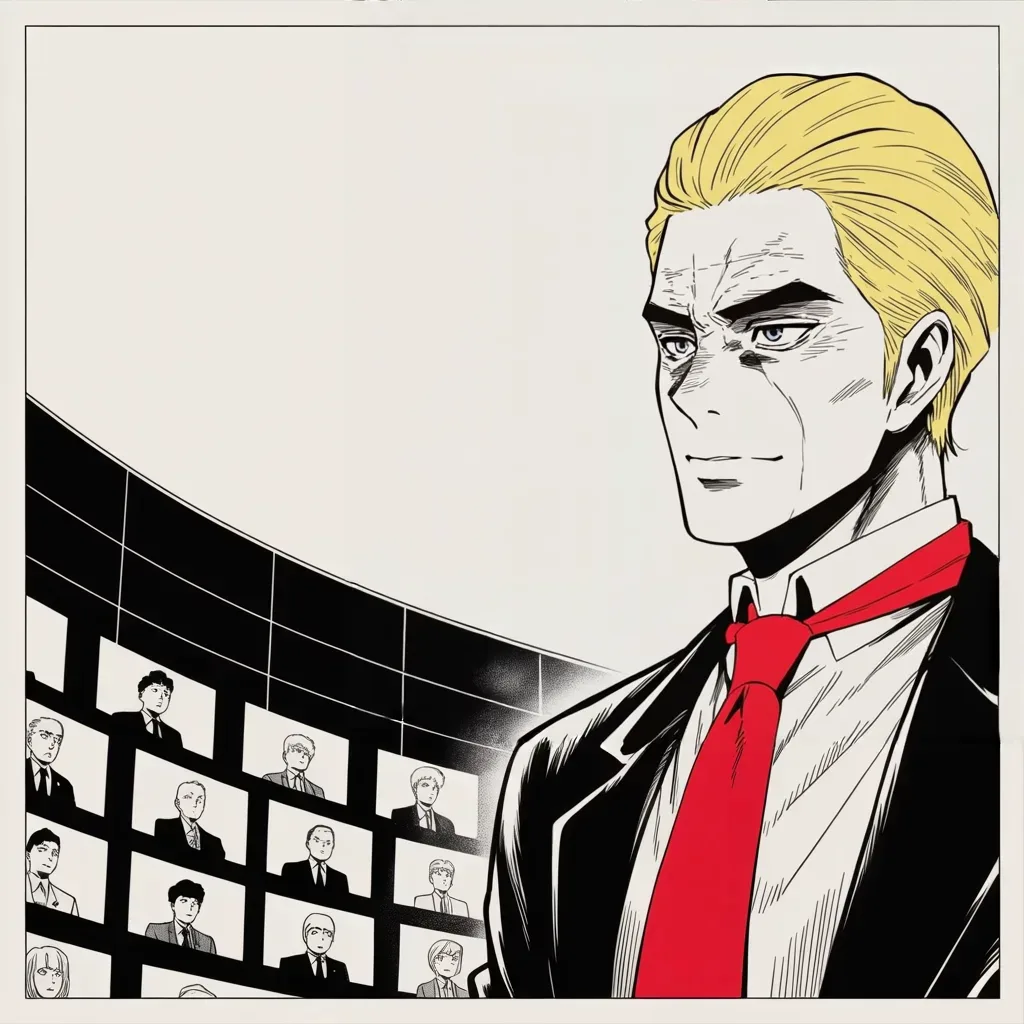 Manga panel 2 of 5, Week 271 “The Fever”: The other kingdom holds its convention through glass, and he watches every hour of it.