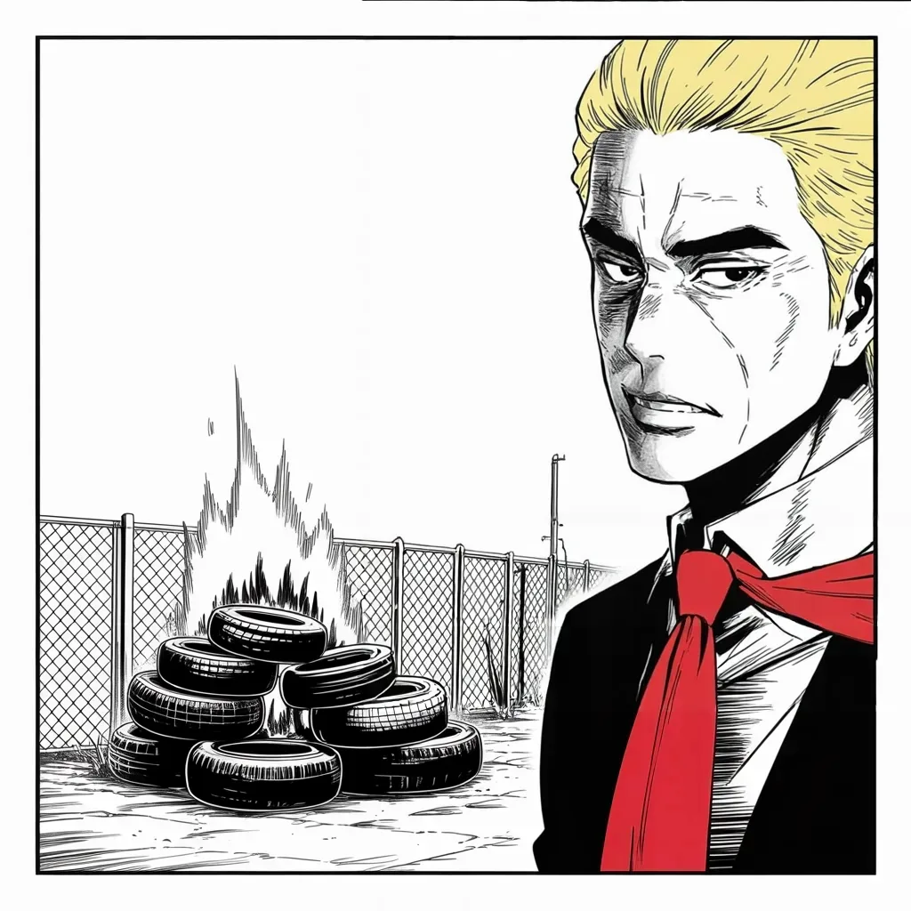 Manga panel 3 of 5, Week 271 “The Fever”: A tyre company bans his hat, and he tells the realm to buy someone else's tyres.