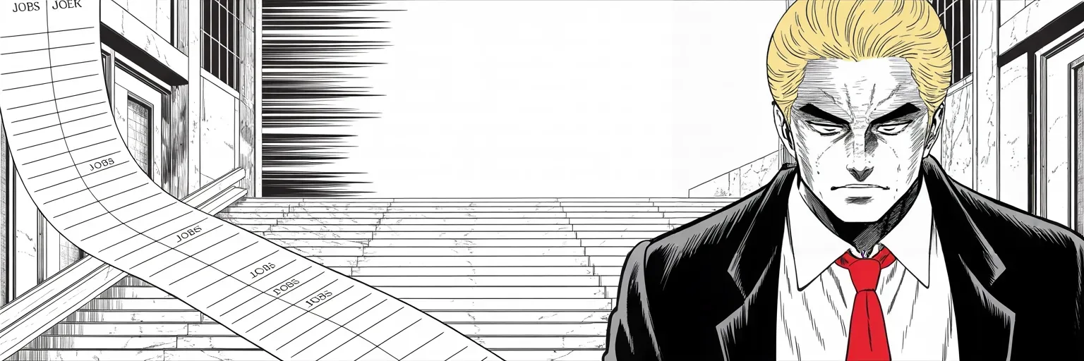 Manga panel 4 of 4, Week 273 “The Fever”: And ten million jobs, he says, have come back in four months — a record.