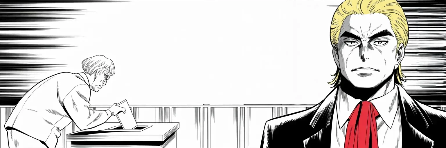 Manga panel 4 of 4, Week 274 “The Fever”: And he watches his rival vote and turns even that into an attack.