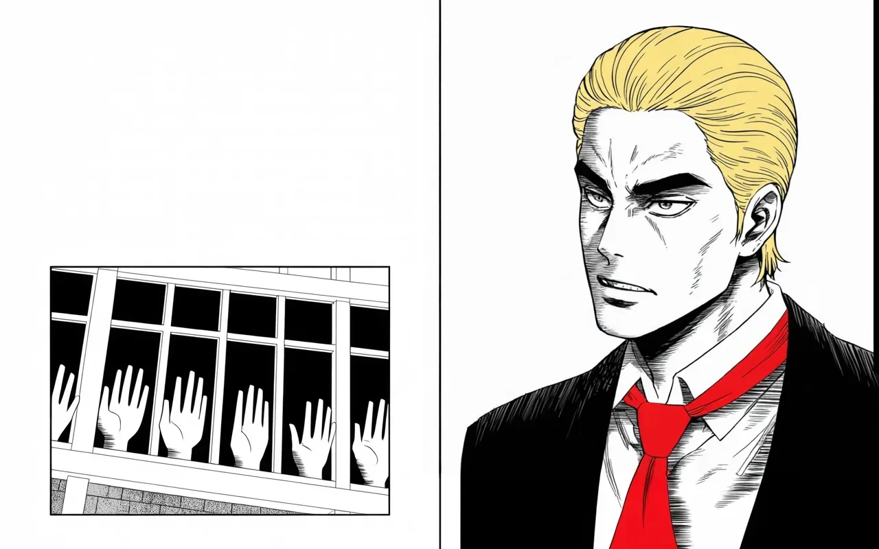Manga panel 3 of 4, Week 278 “The Fever”: He kills the relief talks, then demands the cheques alone be sent out.