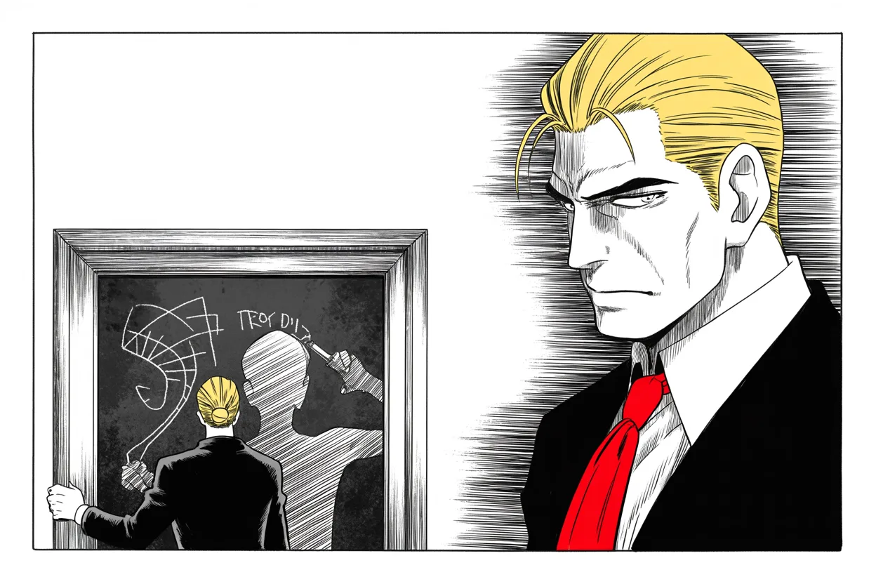 Manga panel 2 of 4, Week 279 “The Fever”: He tells his own side to go big or go home on the relief.