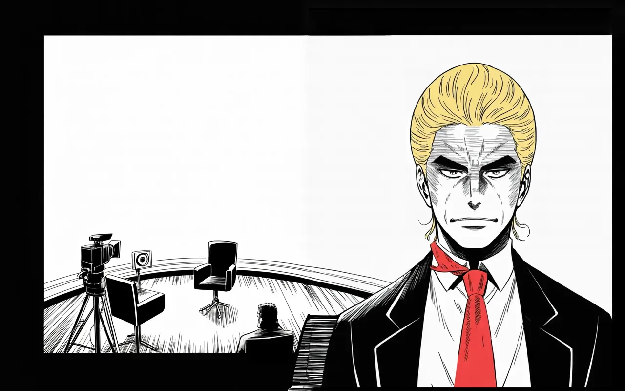 Manga panel 3 of 4, Week 280 “The Count”: He walks out of an interview and threatens to publish the tape himself.