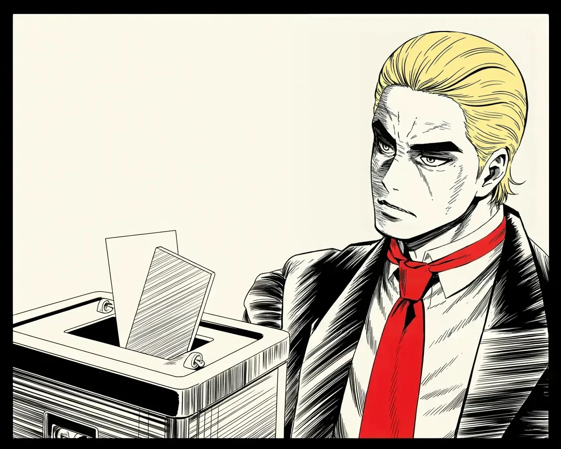 Manga panel 2 of 4, Week 283 “The Count”: A machine company becomes the villain of the story, in capitals, without evidence.