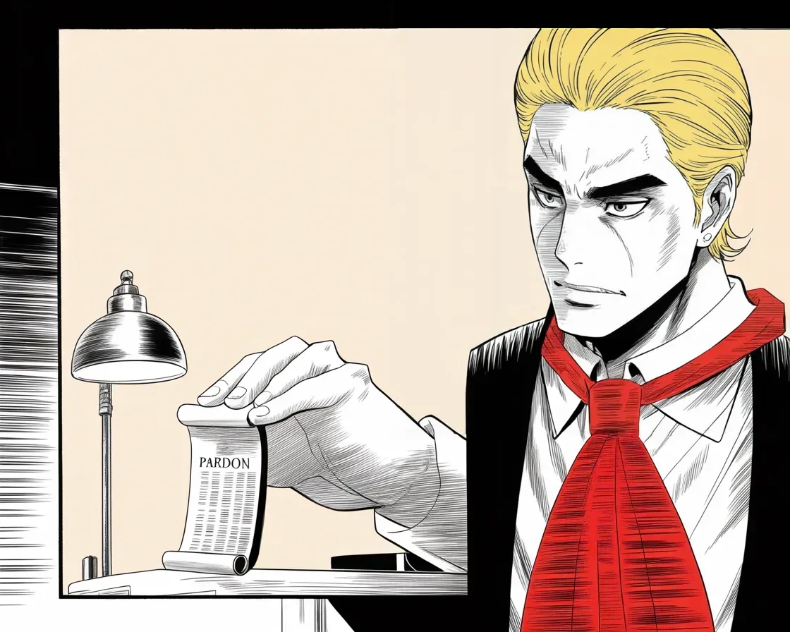 Manga panel 2 of 4, Week 285 “The Count”: He pardons his first general, three years after the plea.